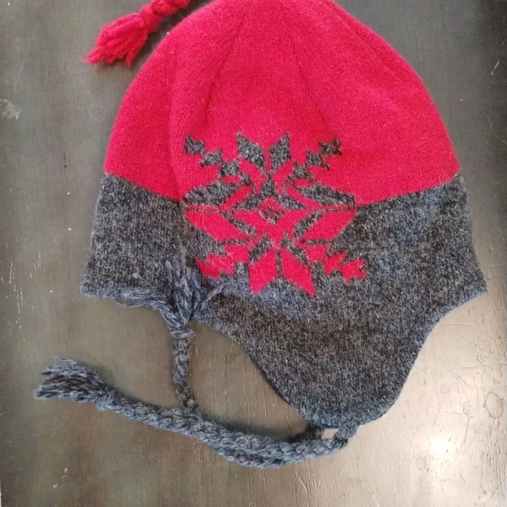 Red Gray Snowflake Holiday Wool Blend Knit Earflap Beanie Hat with Tassels